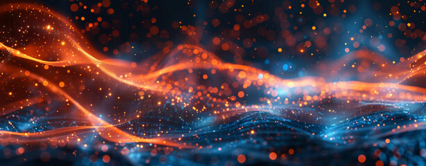 Abstract blue glowing lines and orange light waves on a dark background with a bokeh effect. A digital technology concept. An abstract futuristic wallpaper design for a banner