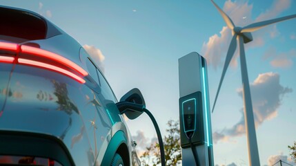 EV Charge, Electric Vehicle Charging at Station with Wind Turbine in Background on a Clear Day - Generative AI