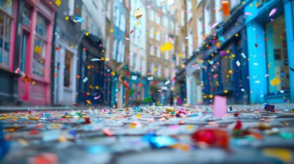Obraz premium Eine bunte städtische Straße mit festlichen Dekorationen und Konfetti gefüllt, die Erfassung der lebendigen Atmosphäre eines Stadtfestes Feier.