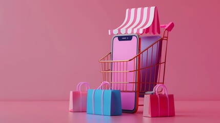 Fototapeta premium 3D Minimal online shopping on smartphone application service, digital marketing, online buying, and online payment, summer or big sale, payment, discount for credit, 3D render, Generate AI