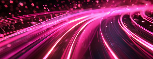 Obraz premium 3D render of glowing neon lines and pink lights on a dark background with blurred data flow, in the style of a big tech concept. Digital abstract