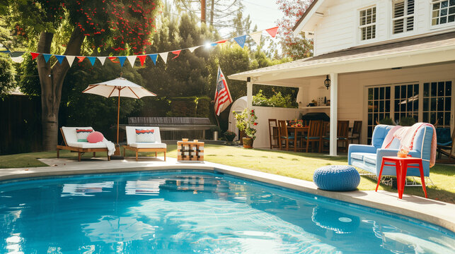 Backyard Pool Party with American Flag Decorations for Fourth of July Celebration, Featuring Patriotic Floats and Festive Atmosphere