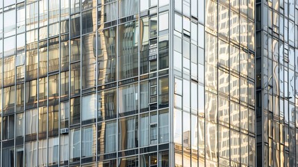 Skyscraper glass facade close-up, detailed reflections, no people, soft morning light, urban texture.