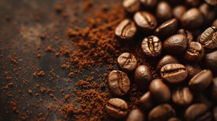 Top-down view of coffee beans and coffee dust, highlighting the rich textures and deep brown hues....