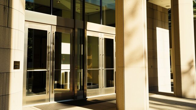 Close-up of office building entrance, sharp architectural details, no humans, midday sun, welcoming design. 