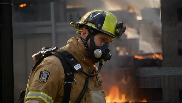 Firefighter Wearing Respirator at Fire Scene During Training Exercise