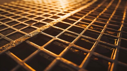 Close-up of industrial building drainage, detailed grates and channels, no people, golden hour, essential utilities. 