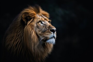 Fototapeta premium Mystic portrait of African Lion beside view, full body shot, Close-up View Isolated on black background