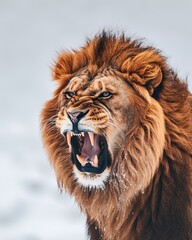 Mystic portrait of African Lion, copy space on right side, Anger, Menacing, Headshot, Close-up View...
