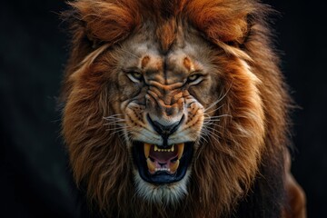 Mystic portrait of African Lion in studio, copy space on right side, Anger, Menacing, Headshot, Close-up View Isolated on black background