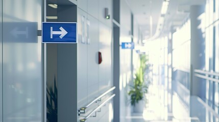 Healthcare building signage close-up, sharp focus on informational signs, no humans, bright noon light, clear direction. 