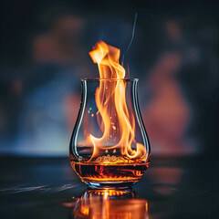 Glass with blazing whiskey on a dark rustic surface