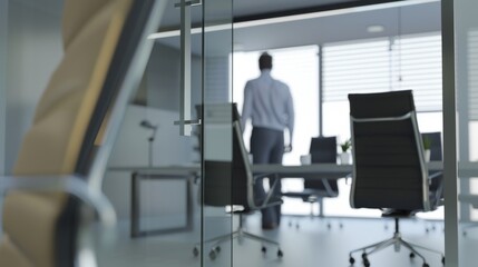 Fototapeta premium Business leaders or professional managers wear business attire in a fuzzy white office background, working with the state of thinking