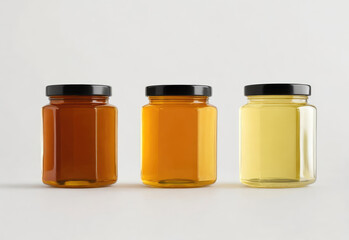 Glass jars of honey jam marmalade in different colors with empty, blank area for brand logo. Isolated on gray background. Concept of mockup mock-up shablon template advertising montage