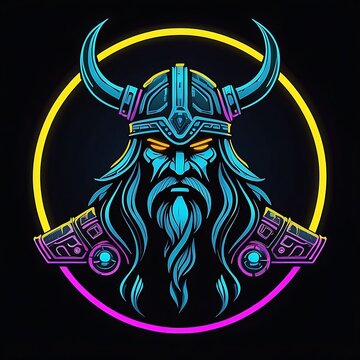 recommend clip art: Beautiful linear illustration with shiny blue neon viking head isolated on the dark background
