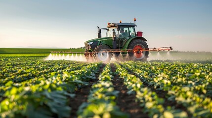 Fototapeta premium Detailed view of a tractor applying pesticides on crops in a farm field, spray nozzles in action