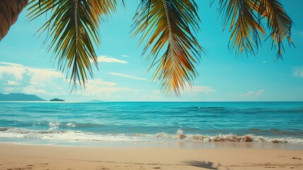 Fototapeta premium Beautiful beach with palms and turquoise sea. Tropical Beach Paradise, Where Turquoise Waters Sparkle Under the Sun, Palm Trees Cast Gentle Shadows, and the Promise of Relaxation and Adventure Awaits