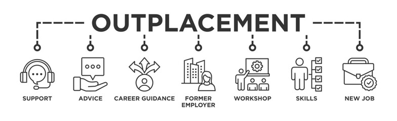 Outplacement banner web icon vector illustration concept with icon of support, advice, career guidance, former employer, workshop, skills, new job, training, and presentation