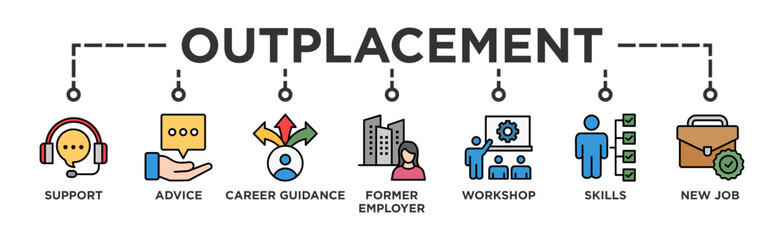 Outplacement banner web icon vector illustration concept with icon of support, advice, career guidance, former employer, workshop, skills, new job, training, and presentation