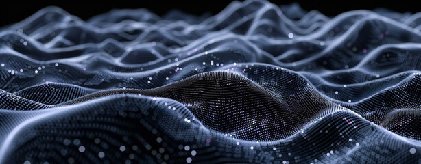 3d render of wave pattern made from dots on black background, abstract digital landscape with flowing particles and lines