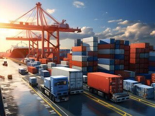 Global business logistics import export and container cargo freight ship during loading at industrial port by crane, container handlers, cargo plane, truck on, Logistics and transportation of Internat