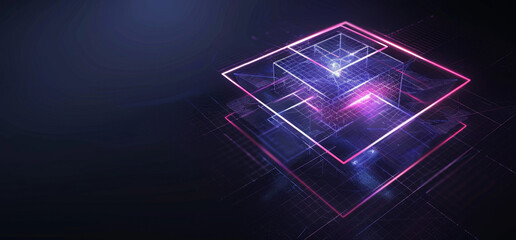 Abstract hologram of digital network and glowing square shape on dark background with empty space, futuristic technology concept in the style of copy space