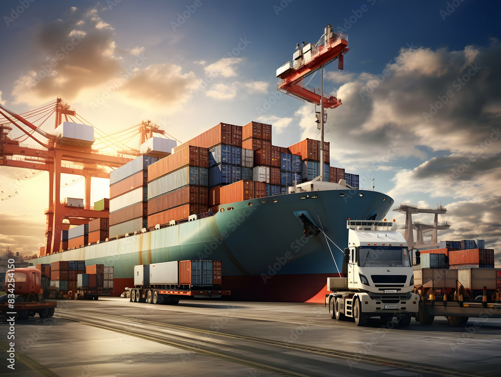 Wall mural Global business logistics import export and container cargo freight ship during loading at industrial port by crane, container handlers, cargo plane, truck on, Logistics and transportation of Internat