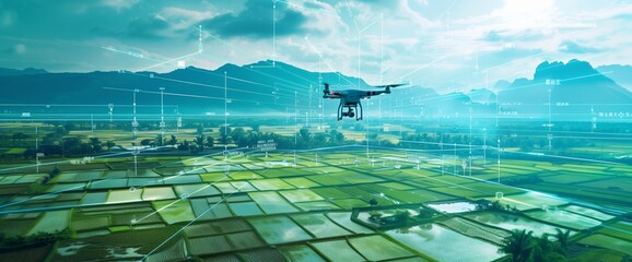 Precision farming: Drone monitoring, AI reforestation, agri-ecosystem. Agritech, agriculture, future farming. 