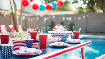 Celebrate Independence Day with a festive backyard poolside table adorned with patriotic red, white, and blue decorations, featuring American flag-themed cups and plates, perfect for a summer holiday 
