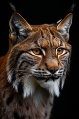 Fototapeta premium Mystic portrait of Lynx canadensis in studio, copy space on right side, Anger, Menacing, Headshot, Close-up View Isolated on black background