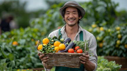 野菜を持つ農家の男性