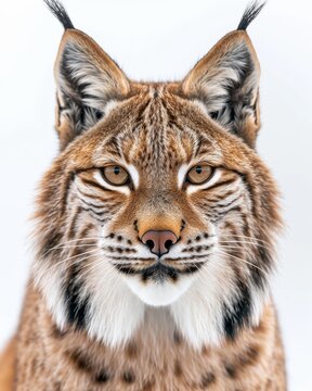Mystic portrait of Lynx canadensis, copy space on right side, Anger, Menacing, Headshot, Close-up View Isolated on white background