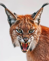 Obraz premium Mystic portrait of lynx caracal, copy space on right side, Anger, Menacing, Headshot, Close-up View Isolated on white background