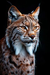 Fototapeta premium Mystic portrait of Lynx iberia in studio, copy space on right side, Anger, Menacing, Headshot, Close-up View Isolated on black background