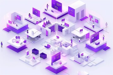 Isometric illustration of a smart office environment, highlighting the integration of modern technology and digital connectivity in workplace settings