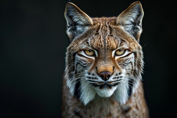 Mystic portrait of Lynx lynx a in studio, copy space on right side, Anger, Menacing, Headshot, Close-up View Isolated on black background