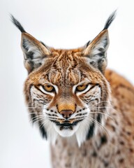 Obraz premium Mystic portrait of Lynx lynx, copy space on right side, Anger, Menacing, Headshot, Close-up View Isolated on white background