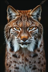 Obraz premium Mystic portrait of Lynx lynx in studio, copy space on right side, Anger, Menacing, Headshot, Close-up View Isolated on black background