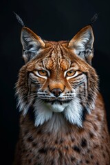 Obraz premium Mystic portrait of Lynx lynx in studio, copy space on right side, Anger, Menacing, Headshot, Close-up View Isolated on black background