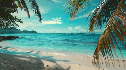 Beautiful beach with palms and turquoise sea. Tropical Beach Paradise, Where Turquoise Waters Sparkle Under the Sun, Palm Trees Cast Gentle Shadows, and the Promise of Relaxation and Adventure Awaits