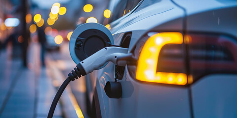 Close-up of car charging, electric car, white color
