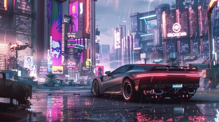 Futuristic cityscape with neon lights and a car