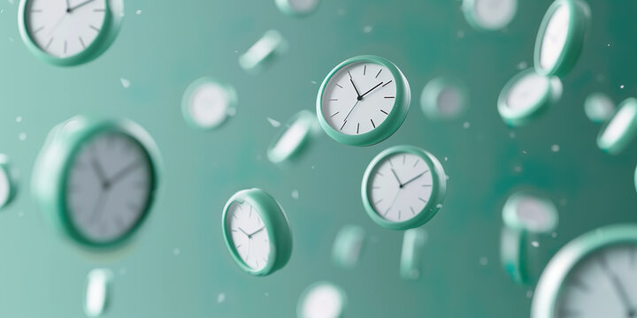 Several clocks falling, concept of time flying or disorganized time