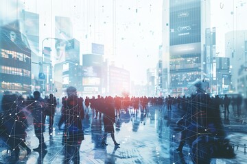 Silhouettes of people walking in a bustling city with digital network overlay