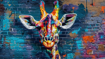 Graffiti Giraffe on Brick Wall: Urban Street Art
