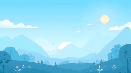 Serene Blue Mountain Landscape with Sun, Birds, and Flora in a Minimalist Style for Calm Backgrounds