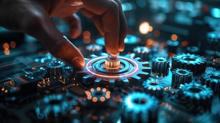 Naklejka premium Hand adjusting a glowing gear in a circuit
