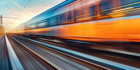 A close-up of a speeding train, with motion blur emphasizing its rapid transit through the landscape