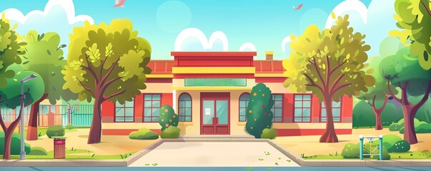 A banner mockup featuring a backtoschool theme, hanging on the entrance of an elementary school