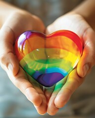 A person's hand delicately holding a rainbow heart. which is a symbol of love and acceptance